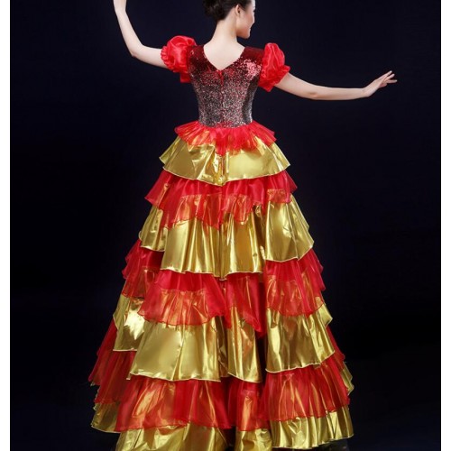 Flamenco dresses  red with gold women's Spanish bull dance dress samba dresses  big skirted stage performance opening dance dresses